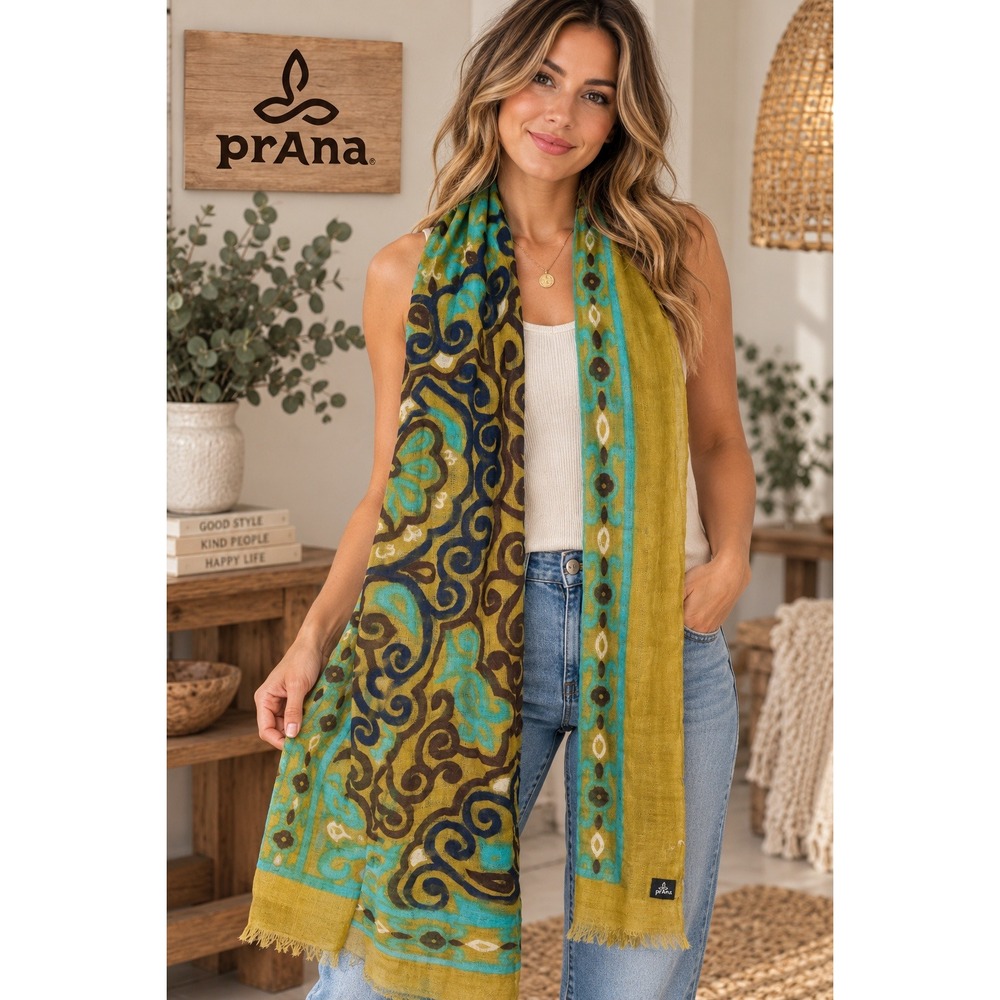 Prana Scarf Mustard Yellow Turquoise Paisley Boho Gauze Frayed Fringe Rectangle